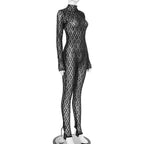 Long sleeve lace high neck zip-up see through jumpsuit  | Festival Outfits Women