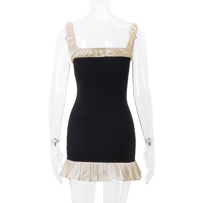 Sleeveless square neck ruffle patchwork contrast mini dress