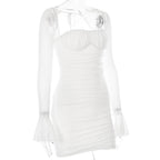 Mesh flared sleeve solid ruched zip-up lace up mini dress