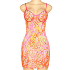 Sleeveless sweetheart neck low cut contrast print backless cami dress