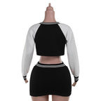 Long sleeve crewneck letter pattern crop mini skirt set  | Festival Outfits Women