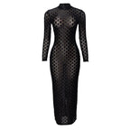 Plaid see through high neck solid long sleeve maxi dress