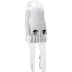 Long sleeve off shoulder ruched bowknot backless ruffle mini dress