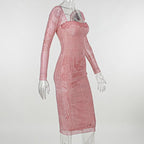 Mesh contrast print lace hem self tie long sleeve midi dress