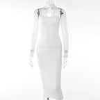 Solid halter mesh long sleeve zip-up hollow out midi dress