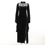 Velvet lace patchwork button solid high neck long flared sleeve slit midi dress