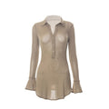 Sheer mesh see through button turnover collar flared sleeve mini dress