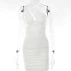 Ruched hollow out sheer mesh solid one shoulder corset zip-up mini dress