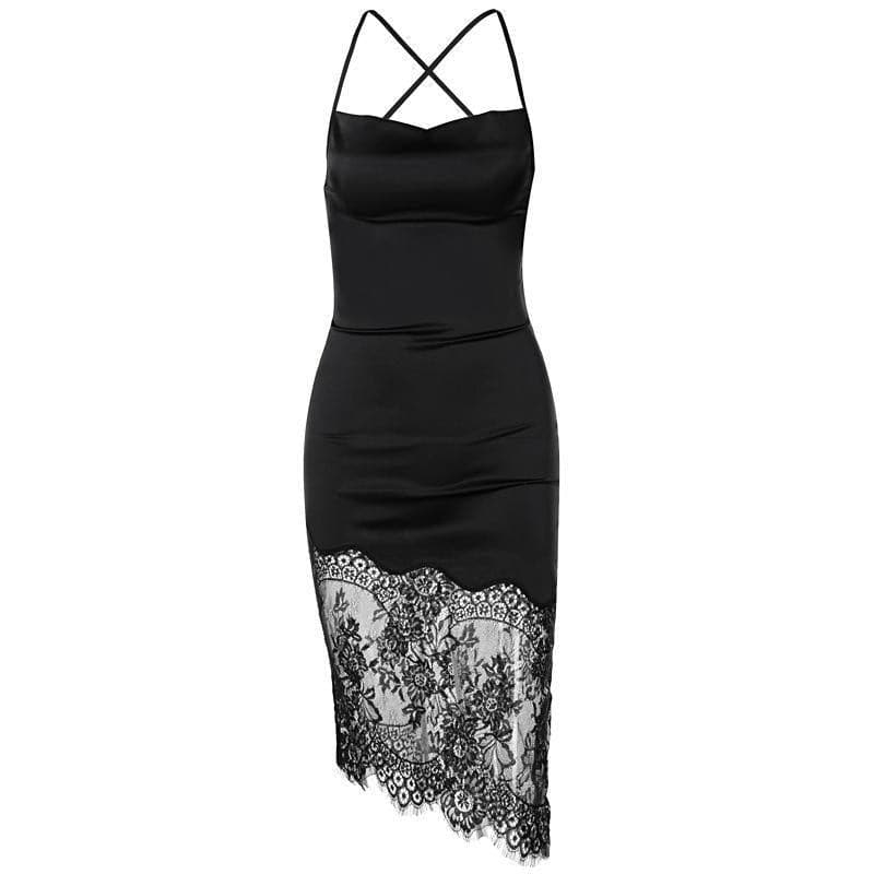 Lace up open back cowl neck satin dress