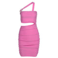 Solid hollow out one shoulder ruched metal applique mini dress