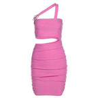 Solid hollow out one shoulder ruched metal applique mini dress