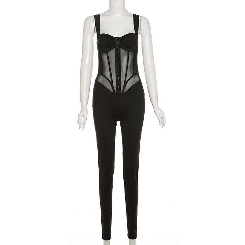 Button mesh patchwork ruched backless cami jumpsuit  | Festival Outfits Women
