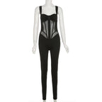Button mesh patchwork ruched backless cami jumpsuit  | Festival Outfits Women