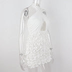 Textured smocked cross front halter ruched hollow out mini dress