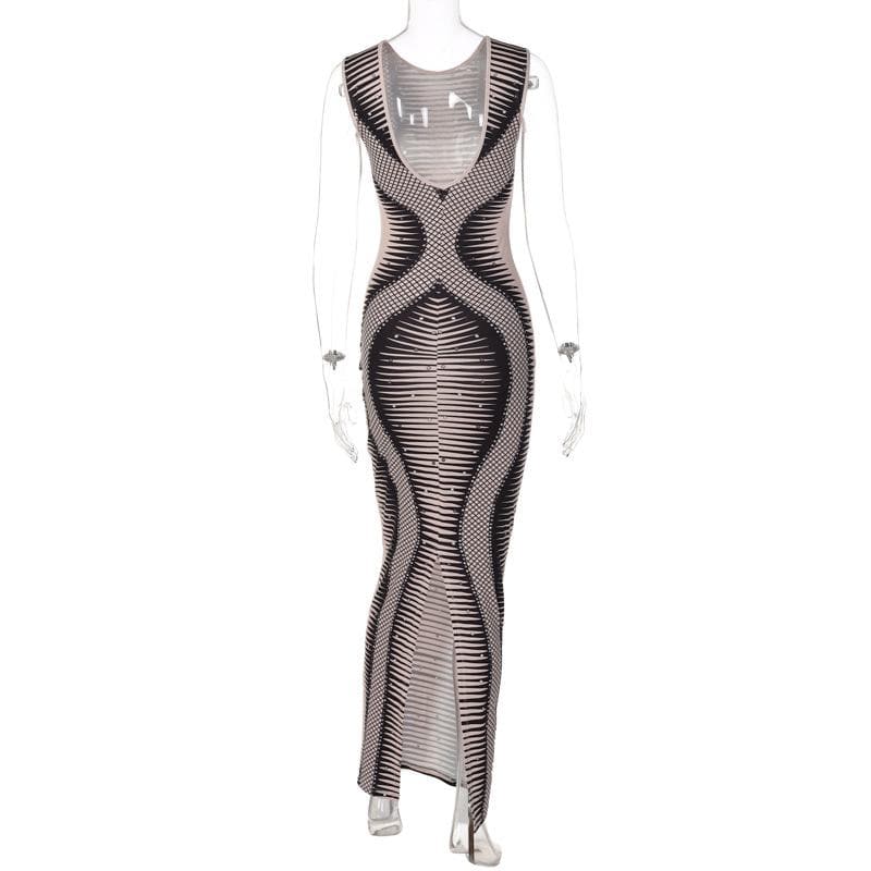Round neck open back print  sleeveless maxi dress