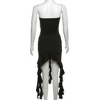 Lace up solid ruffle backless irregular tube mini dress