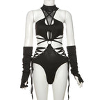 High neck o ring hollow out lace up gloves bodysuit  | Festival Outfits Women