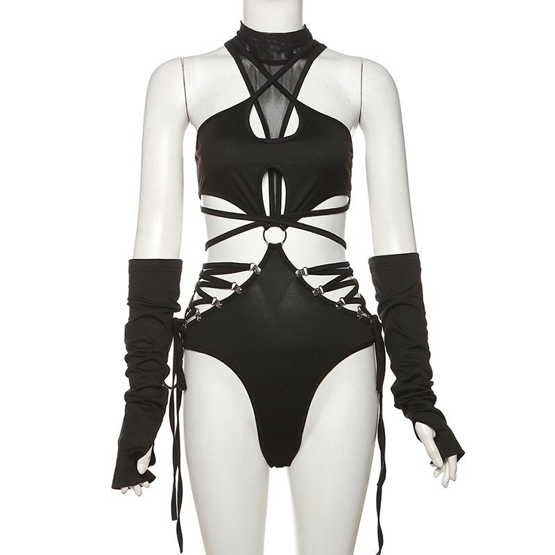 High neck o ring hollow out lace up gloves bodysuit  | Festival Outfits Women
