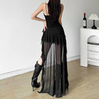 Ruched mesh ruffle sweetheart neck cami maxi dress  | Festival Outfits Women