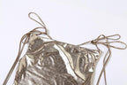 Metallic cowl neck cross back self tie ruched maxi dress