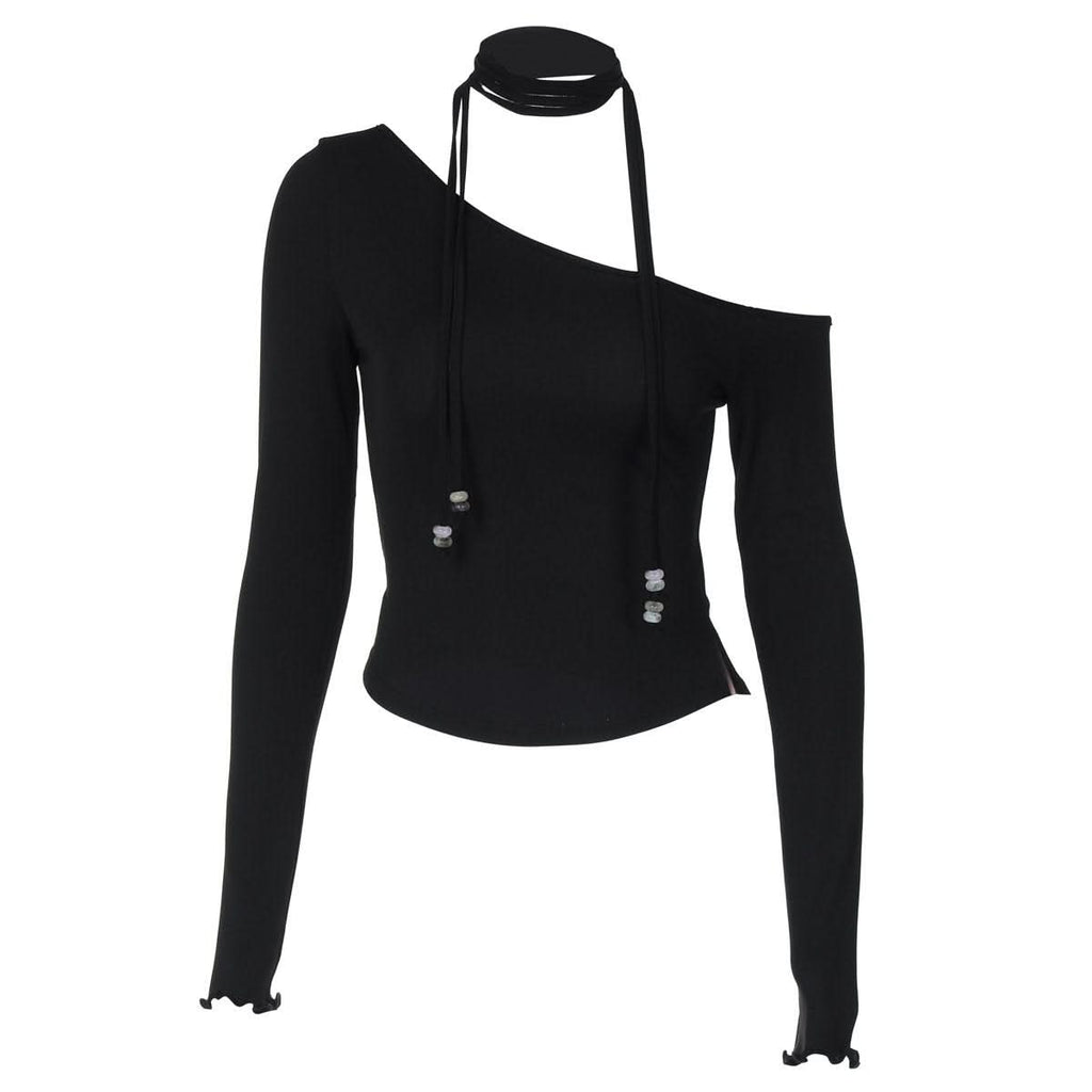 Halter one shoulder long sleeve beaded solid top  | Festival Outfits Women