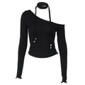 Halter one shoulder long sleeve beaded solid top  | Festival Outfits Women