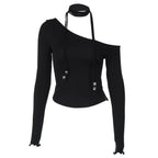 Halter one shoulder long sleeve beaded solid top  | Festival Outfits Women