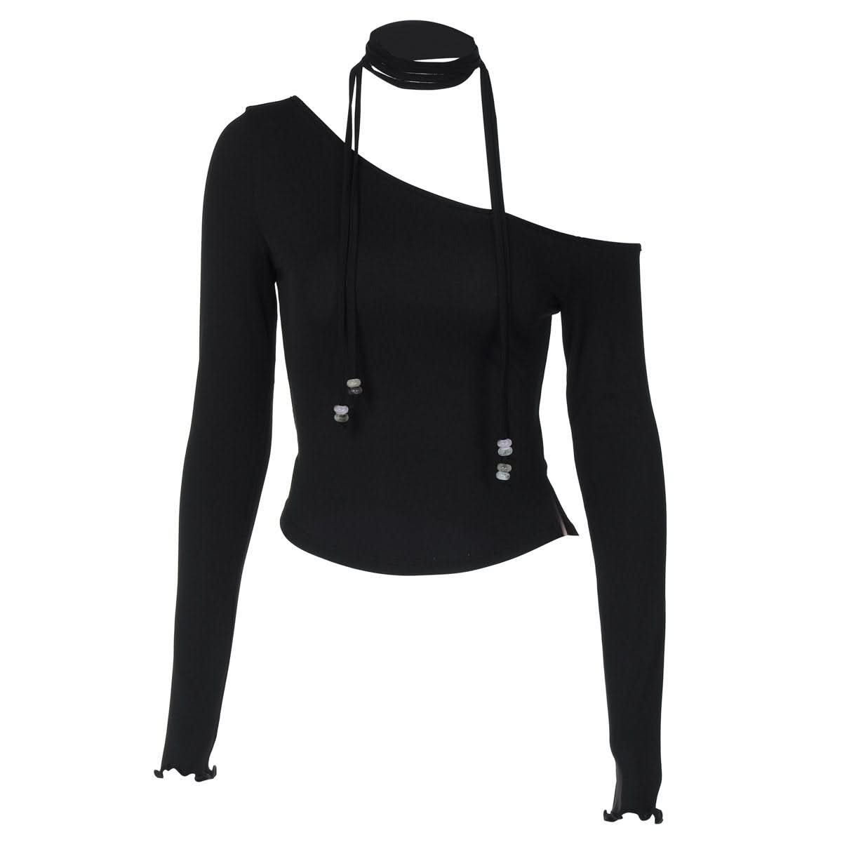 Halter one shoulder long sleeve beaded solid top  | Festival Outfits Women