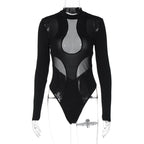 Long sleeve crewneck mesh patchwork bodysuit  | Festival Outfits Women