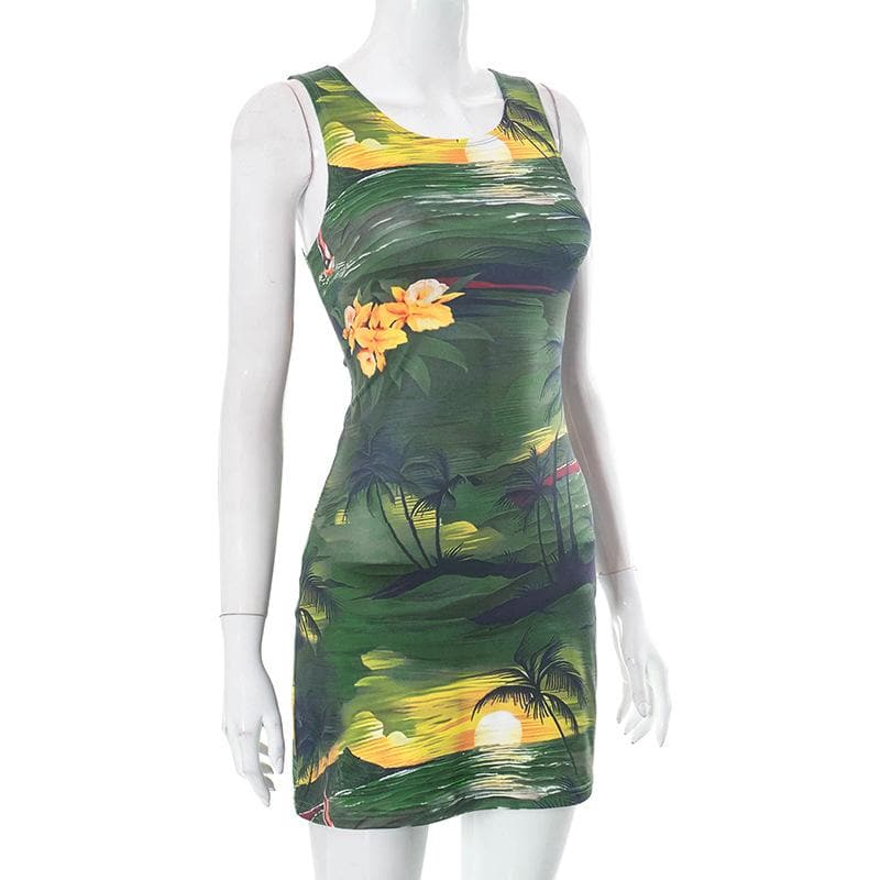 Sleeveless round neck abstract contrast mini dress - Final Sale
