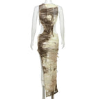 Sleeveless textured tie dye hollow out irregular slit maxi dress