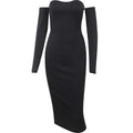 Long sleeve solid ribbed off shoulder backless tube dress