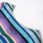Long sleeve crewneck knitted backless striped self tie mini dress