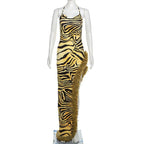 Leopard print contrast halter fluffy irregular slit maxi dress
