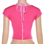2 piece textured butterfly hollow out short sleeve crop cut out top