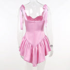 Solid sweetheart neck self tie zip-up button ruched mini dress