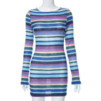 Long sleeve crewneck knitted backless striped self tie mini dress