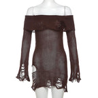 Long flared sleeve off shoulder hollow out see through knitted mini dress