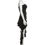 Lace up solid ruffle backless irregular tube mini dress