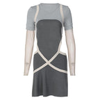 Mesh long sleeve contrast cross front hollow out mini dress - Final Sale