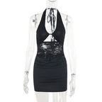 Halter self tie hollow out lace ruched cut out mini dress  | Festival Outfits Women