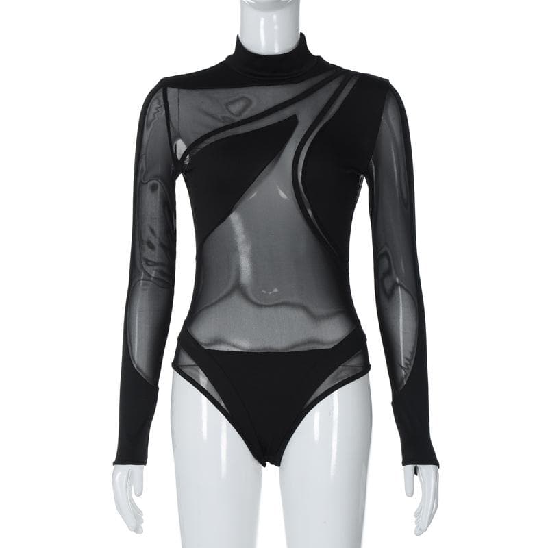 Long sleeve high neck mesh patchwork irregular bodysuit  | Festival Outfits Women