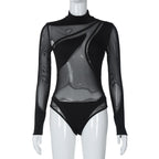 Long sleeve high neck mesh patchwork irregular bodysuit  | Festival Outfits Women