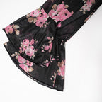 Long flared sleeve cowl neck ruffle flower print sheer mesh mini dress