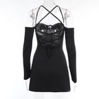 Lace up solid cross back off shoulder long sleeve mini dress