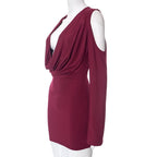 Long flared sleeve off shoulder cowl neck ruched solid mini dress  | Festival Outfits Women