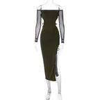 Long sleeve off shoulder hight slit mesh backless irregular midi dress