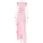 Ruched high slit satin round neck backless maxi dress  | Festival Outfits Women
