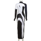 Long sleeve contrast gloves crewneck abstract midi dress