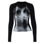Long sleeve contrast body print crewneck top  | Festival Outfits Women